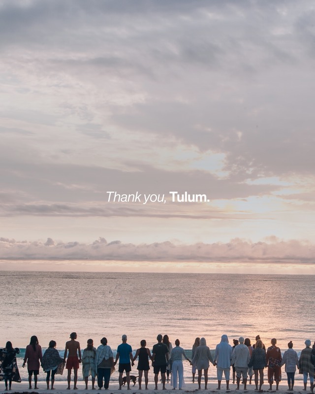 A long line of people holding hands on the beach at dawn, under the words “Thank you, Tulum”.